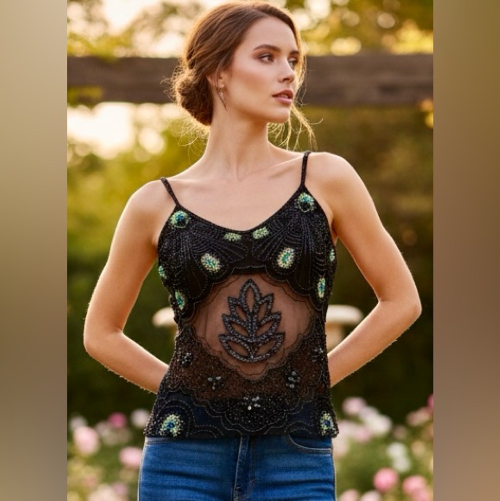 Black hand Beaded Sheer peacock‎ top